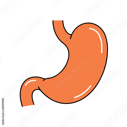 A minimalist 2D flat vector illustration of a stylized human stomach, rendered in a warm orange solid color with smooth clean lines, isolated on a pristine white background.
