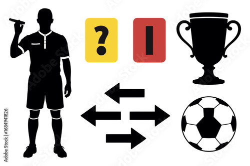 Illustration depicting a soccer referee with cards, trophy, ball, and directional arrows shown