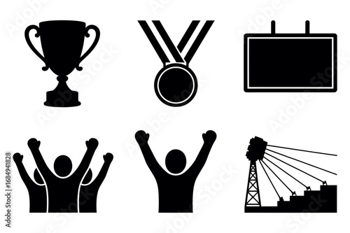Black and white icons depicting a trophy, medal, scoreboard, cheering people and stadium lights