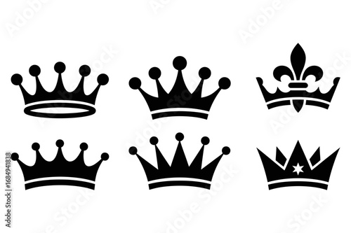 Illustration of six black silhouette crowns with different shapes and decorations on a white background