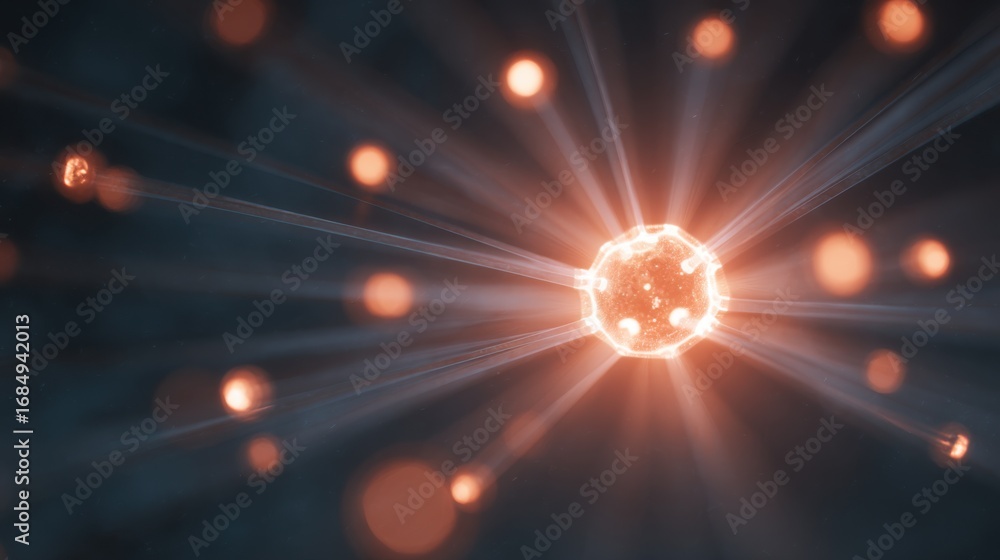 Obraz premium Microscopic virus cell with glowing light rays, medical illustration of infectious pathogen, orange molecular structure on dark background