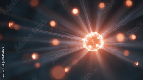 Microscopic virus cell with glowing light rays, medical illustration of infectious pathogen, orange molecular structure on dark background