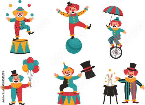 Colorful cartoon circus clowns performing acts, juggling, balancing, and magic tricks, perfect for children’s party invitations, posters, entertainment, and vector illustrations.