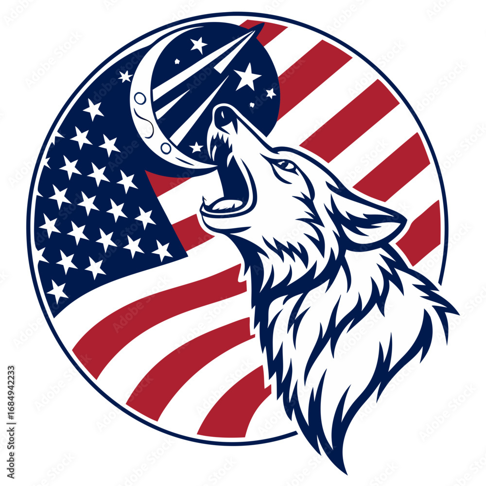 Naklejka premium Patriotic Wolf Howling at Flag Moon – Vector T-Shirt. Perfect for: outdoor lovers, hunters, 4th of July campers