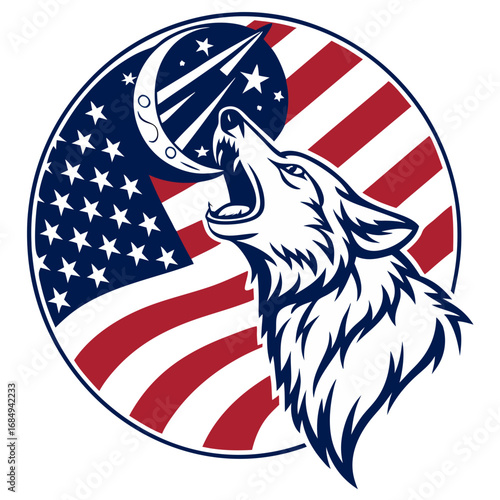 Patriotic Wolf Howling at Flag Moon – Vector T-Shirt. Perfect for: outdoor lovers, hunters, 4th of July campers