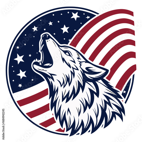 Patriotic Wolf Howling at Flag Moon – Vector T-Shirt. Perfect for: outdoor lovers, hunters, 4th of July campers