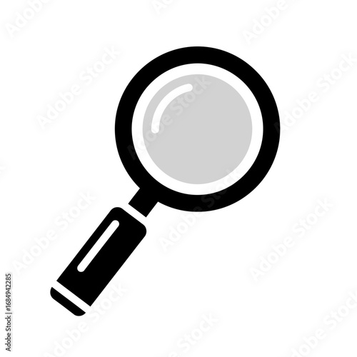 A black and white magnifying glass icon with a gray lens on a white background.