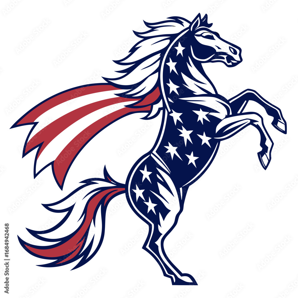 Fototapeta premium Rearing Patriotic Stallion with Flag Mane – Dynamic USA Tee. Perfect for: horse lovers, rodeo fans, patriotic western wear