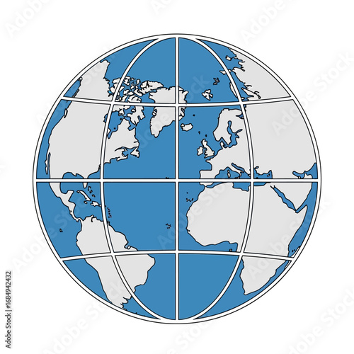A stylized illustration of planet Earth, showing continents and oceans with a grid overlay.