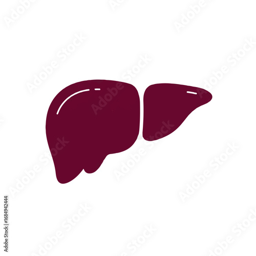 A minimalist 2D flat vector illustration of the human liver, presented in a deep maroon solid color, isolated cleanly on a pure white background.