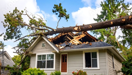 A house with a damaged roof, caused by a fallen tree