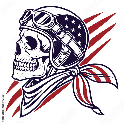Aviator Skull with Flag Bandana – Patriotic Vector T-Shirt. Perfect for: biker clubs, air force reunions, edgy patriotic merch