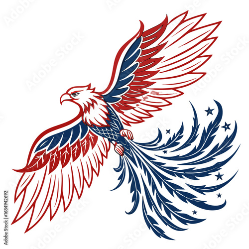 Patriotic Phoenix with Flag Colors – Fiery USA Vector Tee. Perfect for: fantasy fans, patriotic art collectors, motivational merch