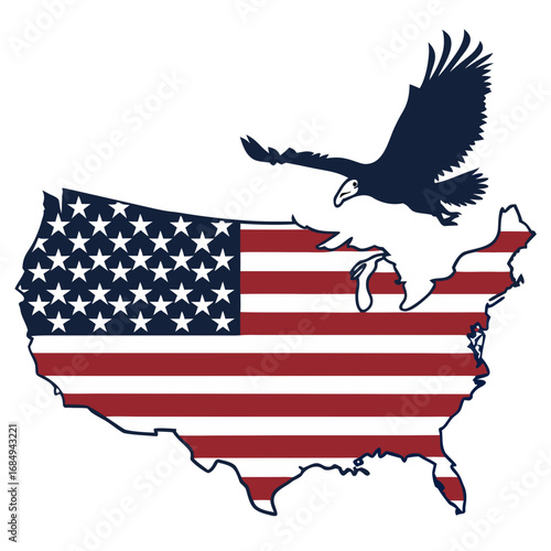 USA Map with Stars & Stripes and Soaring Eagle – Vector T-Shirt. Perfect for: national park souvenirs, road-trip merch, patriotic rallies