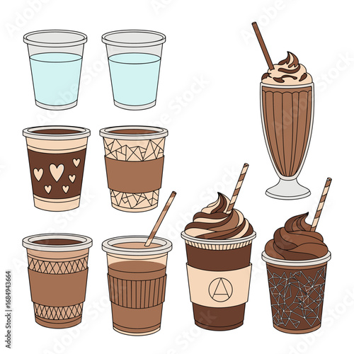Collection of hand drawn coffee drinks and iced beverages in various cups and glasses perfect for cafes and beverage menus