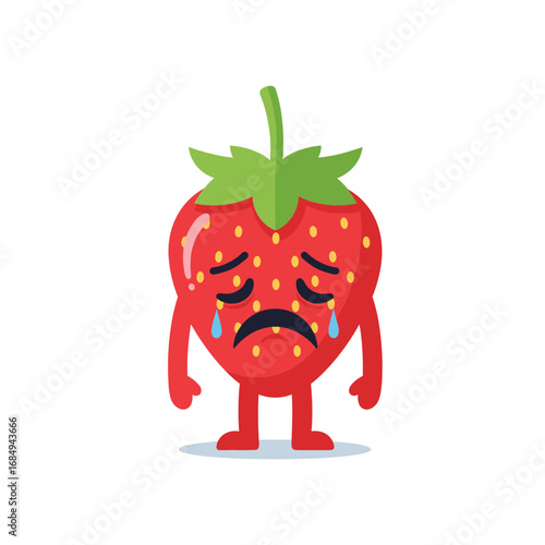 A sad strawberry character with tears streaming down its face showing disappointment and unhappiness
