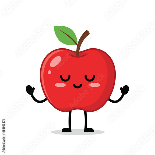 A joyful red apple with closed eyes and raised hands performing a calming meditation pose