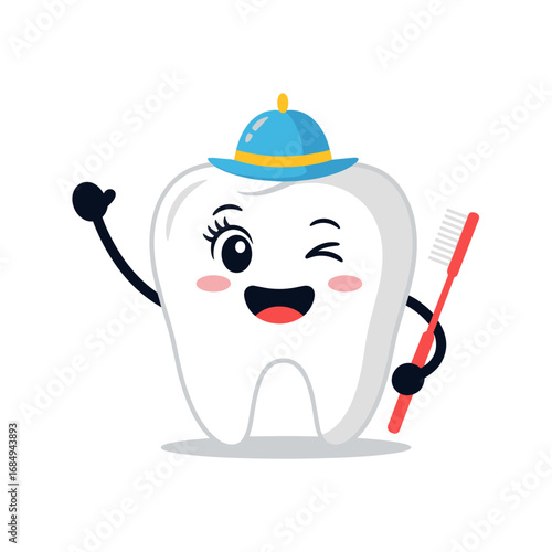 Happy cartoon tooth with a toothbrush and hat smiling and waving hello representing dental hygiene and oral care