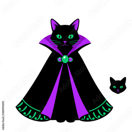 A majestic black cat adorned in a regal black cape featuring purple accents and green gemstone clasp displaying elegance