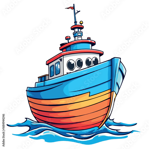 Vsai cartoon tugboat sailing on the ocean waves