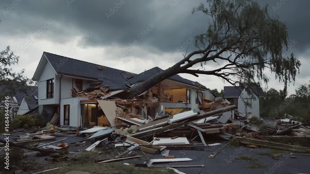 Large tree has fallen onto a modern house, causing significant damage ...