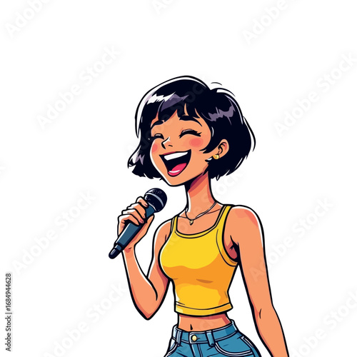 Vsai young woman singing with microphone and having fun