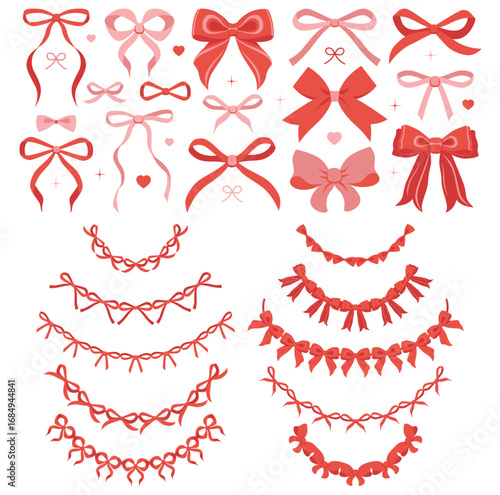 Red ribbon bow party garland. Bowknot for decoration, big set of color bowtie. Large retro hand drawn ribbon illustration set. Set of various cartoon bow knot, gentle gift ribbon decoration. Christmas