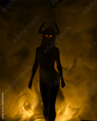 A digital illustration of a Demonic Woman with horns and glowing eyes against a fiery background