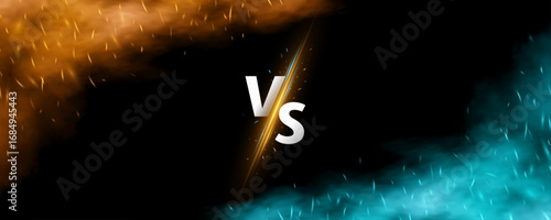 Versus battle background with sparkling fire effect. Abstract clash banner design with orange and blue flames, soft fog and glowing sparks for gaming, esport competition or fight poster. Vector.