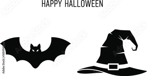 Halloween elements bat and witch hat for spooky autumn holiday celebration and decoration