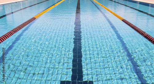 A Clean Outdoor Swimming Pool Features Sparkling Blue Water, Distinct Lane Dividers, And Clearly Visible Lane Markers At The Bottom.