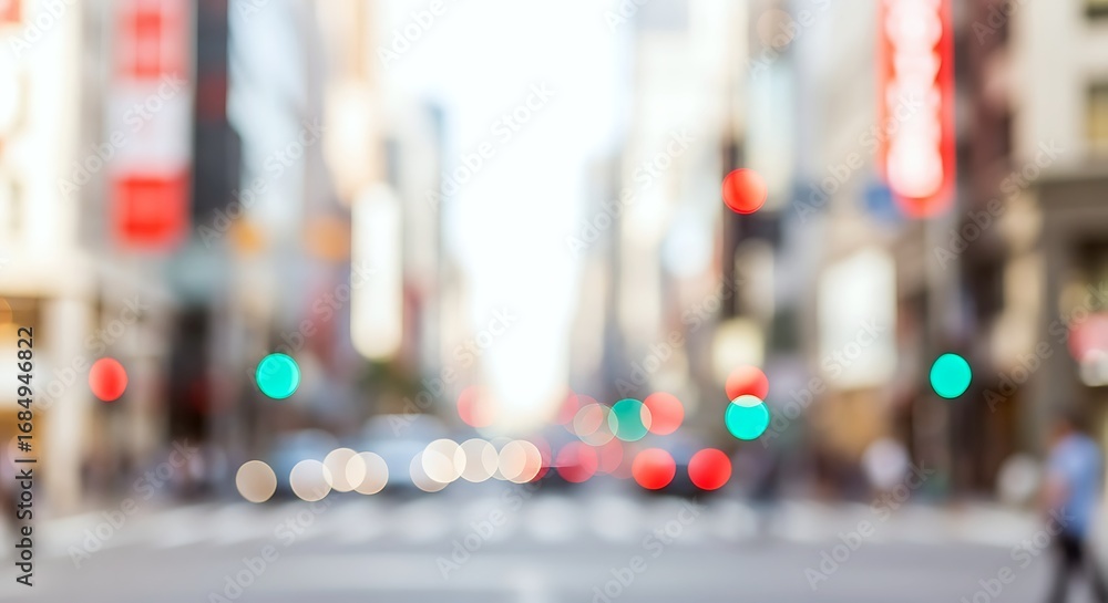 Fototapeta premium Urban City Street With Blurred Traffic And Building Lights Creating A Bright, Abstract Bokeh Effect. Ideal Background For Marketing And Digital Designs.