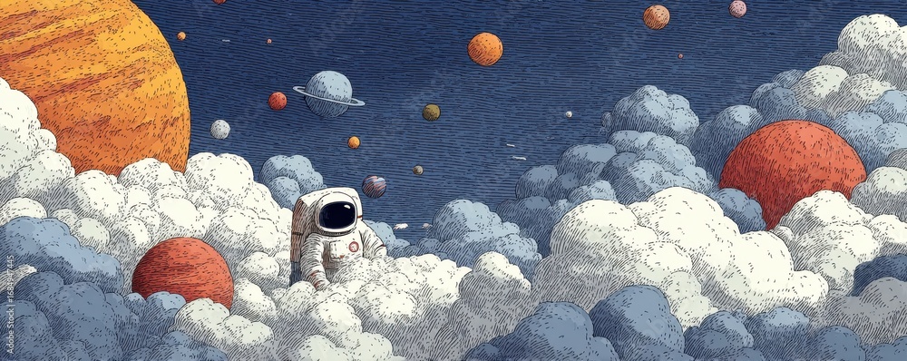 custom made wallpaper toronto digitalCartoon astronaut exploring a fantastical world among clouds and colorful planets