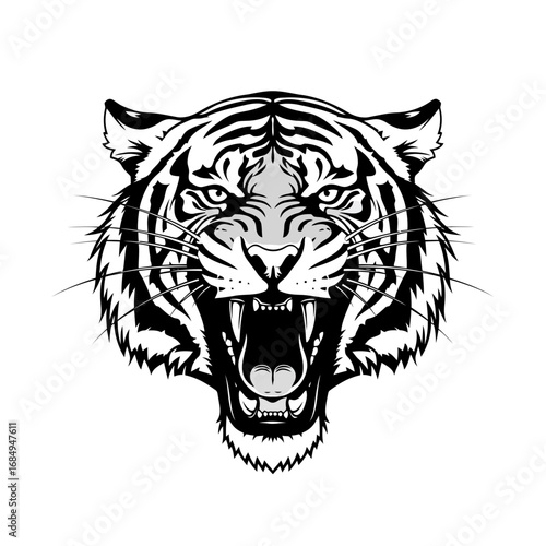 Fierce tiger head roaring silhouette isolated on white background