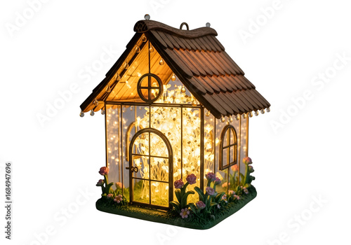 A charming, miniature, lit-from-within house, detailed with a warm glow, showcasing tiny flowers and lights, sits on a dark backdrop.