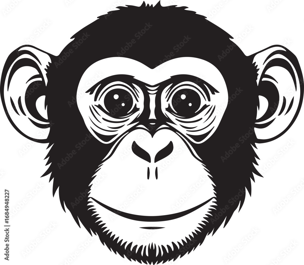 Obraz premium Black and White Chimpanzee Portrait Illustration of a Primate Face with Intricate Details Perfect for Wildlife Art and Design Projects