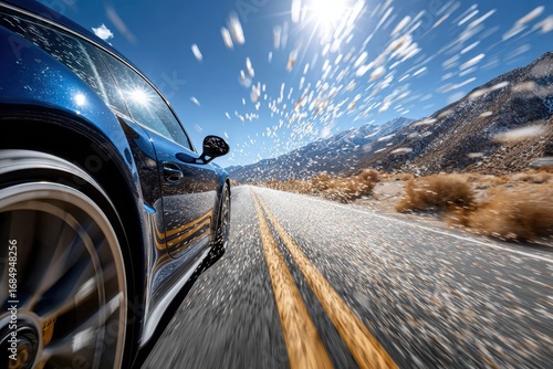 High-speed car driving along a mountain road under a bright sun with water splashing