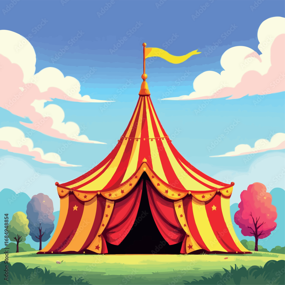 Fototapeta premium Vsai large circus tent standing in green meadow under blue sky