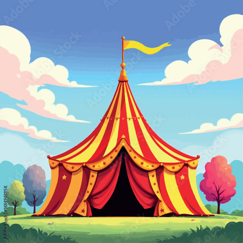 Vsai large circus tent standing in green meadow under blue sky