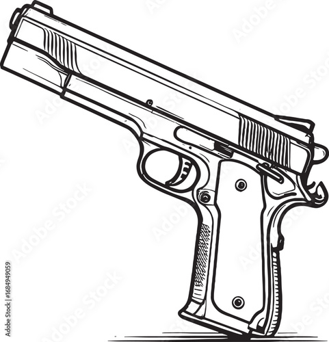 Black and white drawing of a handgun pistol representing power and authority with detailed line work in illustration style