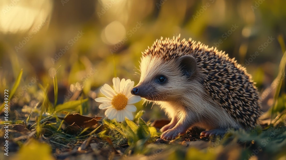 Fototapeta premium Tiny hedgehog near a daisy in sunlit meadow