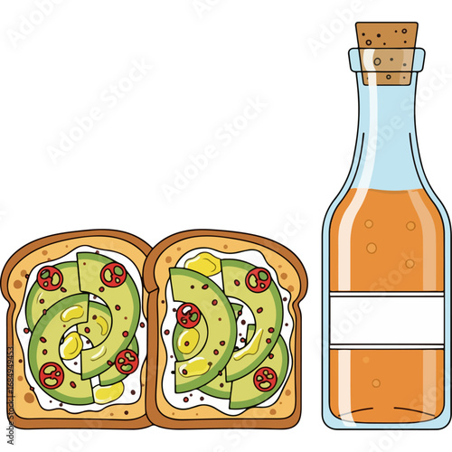 Colorful illustration of avocado toast and juice in a bottle - ideal for healthy living, food and nutrition posts, digital art and print media.