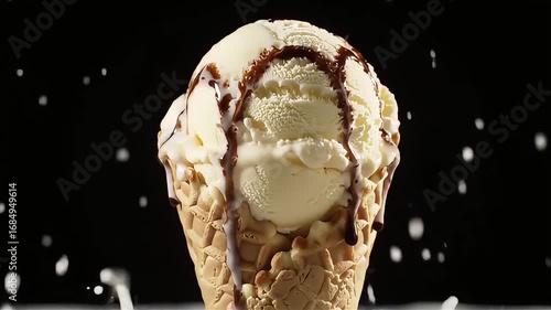 Closeup of Vanilla Ice Cream Cone with Chocolate Drizzle Against Black Background