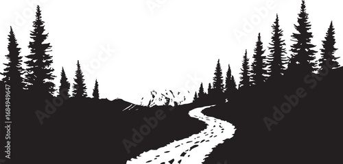 Black and White Forest Silhouette Landscape with Winding Path and Distant Mountain Peaks Inspiring Outdoor Adventures