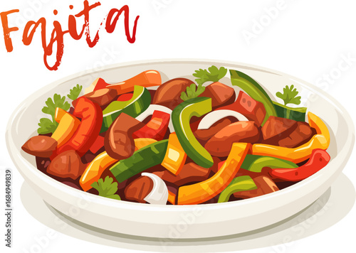 Fajita Icon Vector Illustration Isolated on White Background. Thin strips of meat and colorful bell peppers on a plate, popular Mexican dish. The flat design style makes this icon a versatile choice