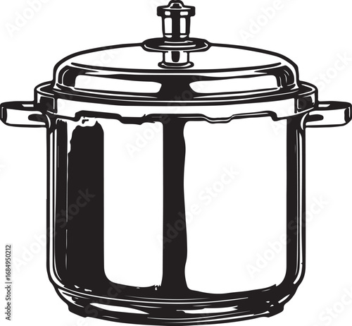 Black and white illustration of a pressure cooker kitchen appliance vector drawing isolated object for food preparation and culinary arts projects