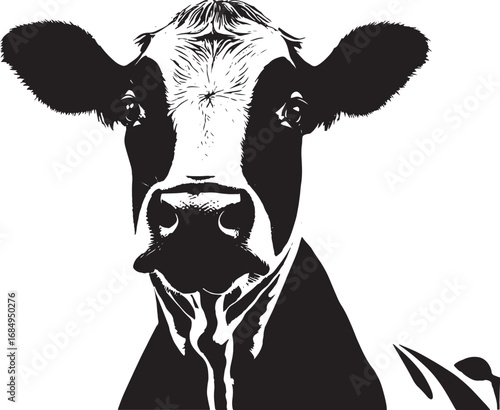 Black and White Cow Portrait Graphic Illustration Bold Minimalist Design Close Up View of Farm Animal Head
