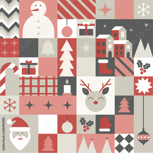 Modern Geometric Bauhaus Christmas Pattern with Minimal Holiday Icons in Neutral Colors