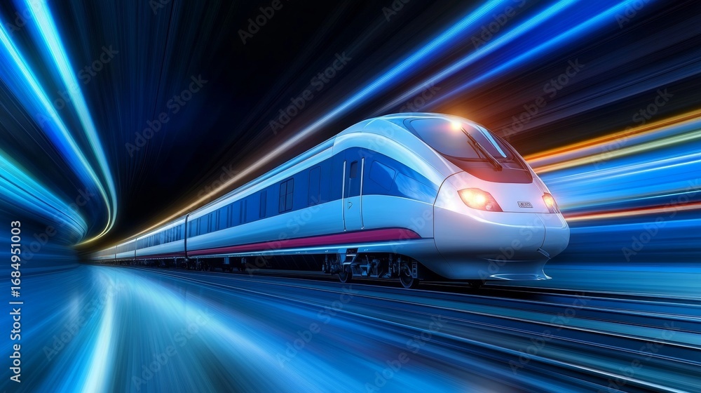 Obraz premium High Speed Train Racing Through a Tunnel of Light, Symbolizing Modern Transportation Advances Today