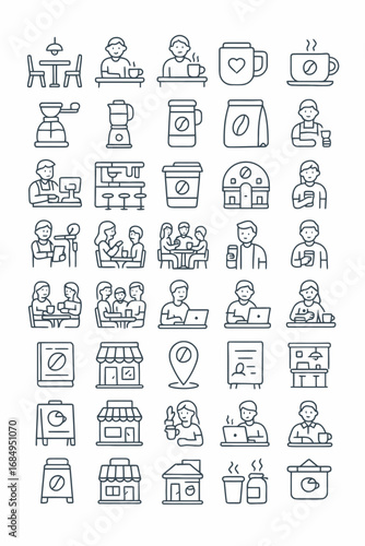 Set of outline vector icons depicting a coffee shop business, including barista, equipment, drinks, and customer service elements